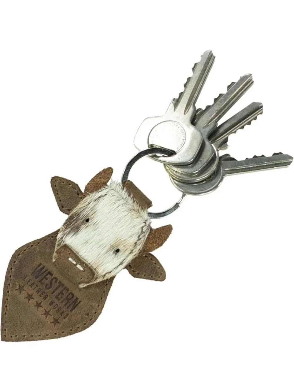 Cowboy Style Cow Head Keychain, Handmade Full Grain Leather Keyring, Furry